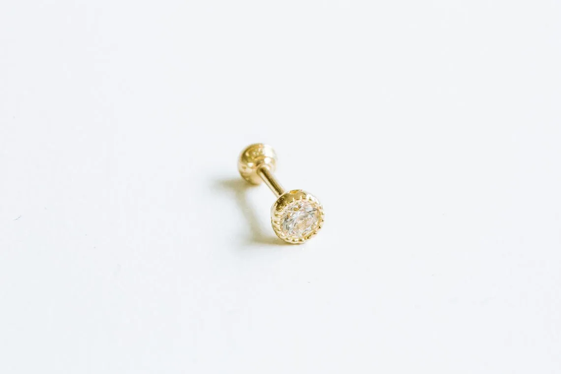 14k Gold Cubic Round Barbell Ear Stud Piercing