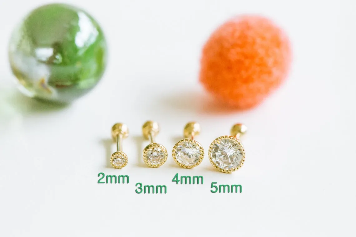 14k Gold Cubic Round Barbell Ear Stud Piercing