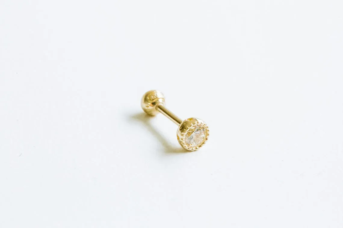 14k Gold Cubic Round Barbell Ear Stud Piercing