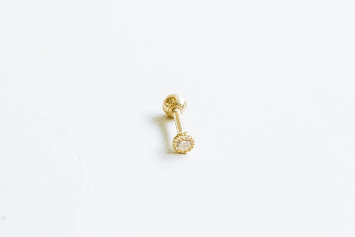 14k Gold Cubic Round Barbell Ear Stud Piercing