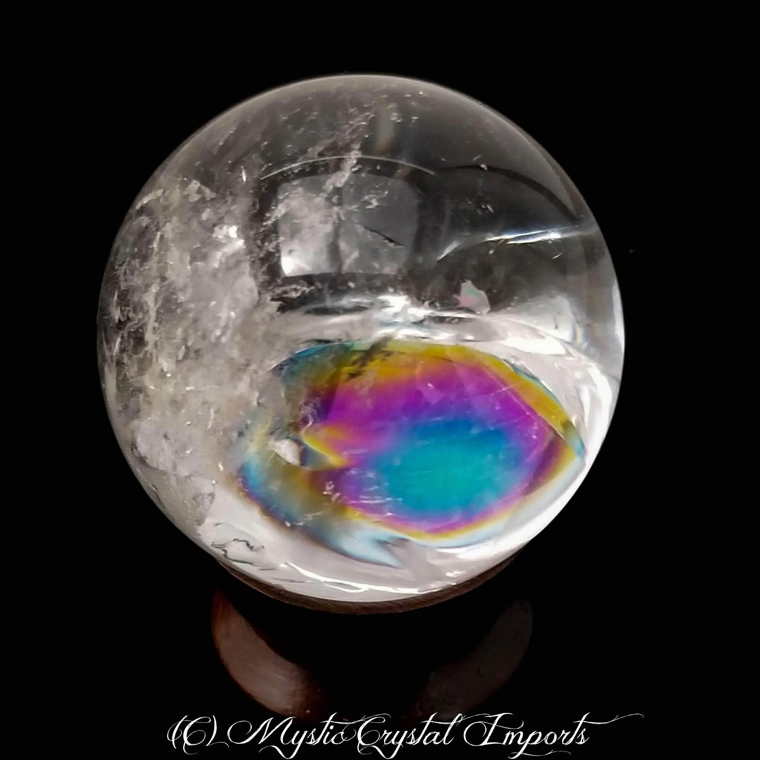 48mm Clear Quartz Crystal Sphere by Mystic Crystal Imports - Super Clear With Rainbows Inside