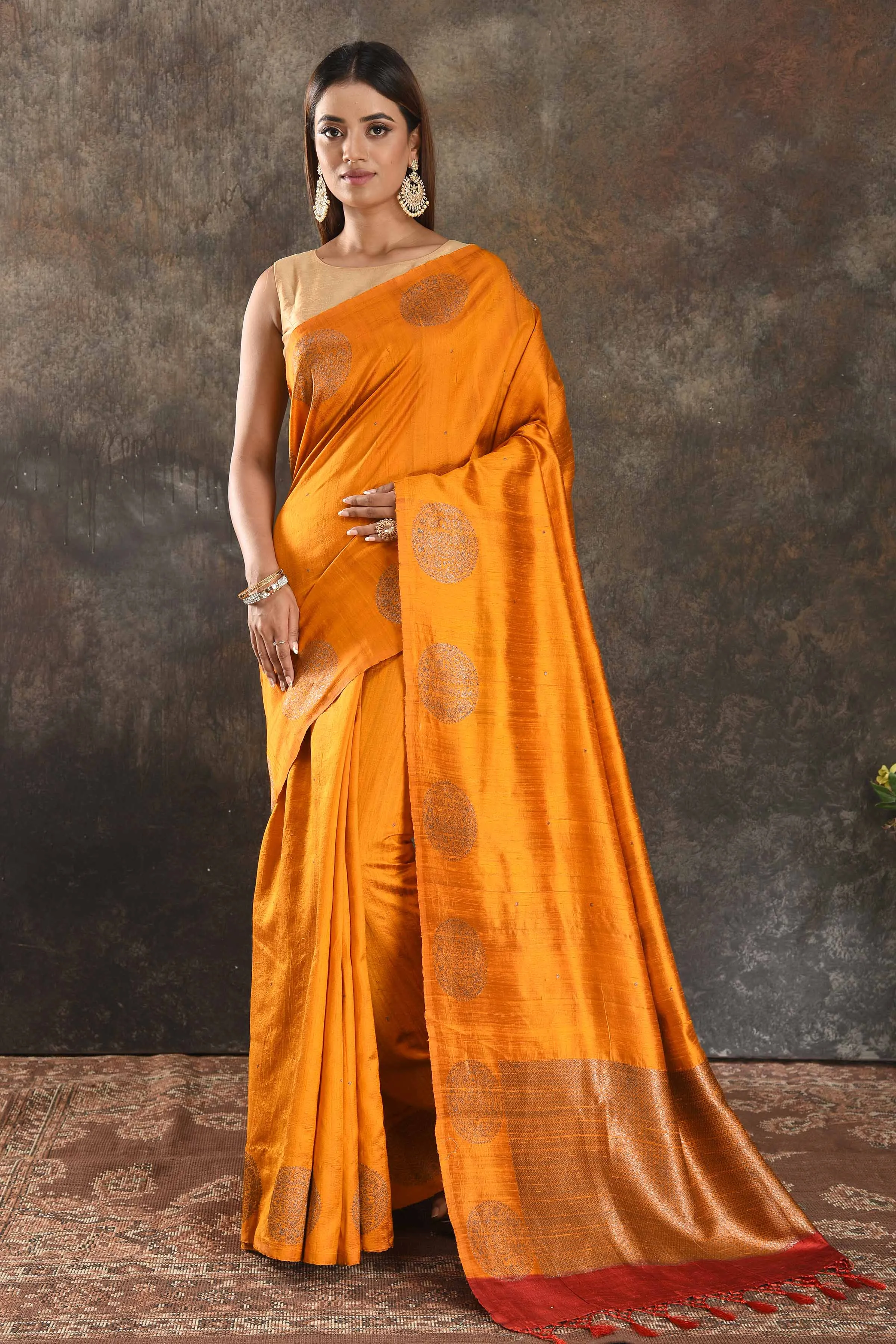 90N401-RO Mango Yellow Tussar Banarasi Sari with Antique Zari Buta