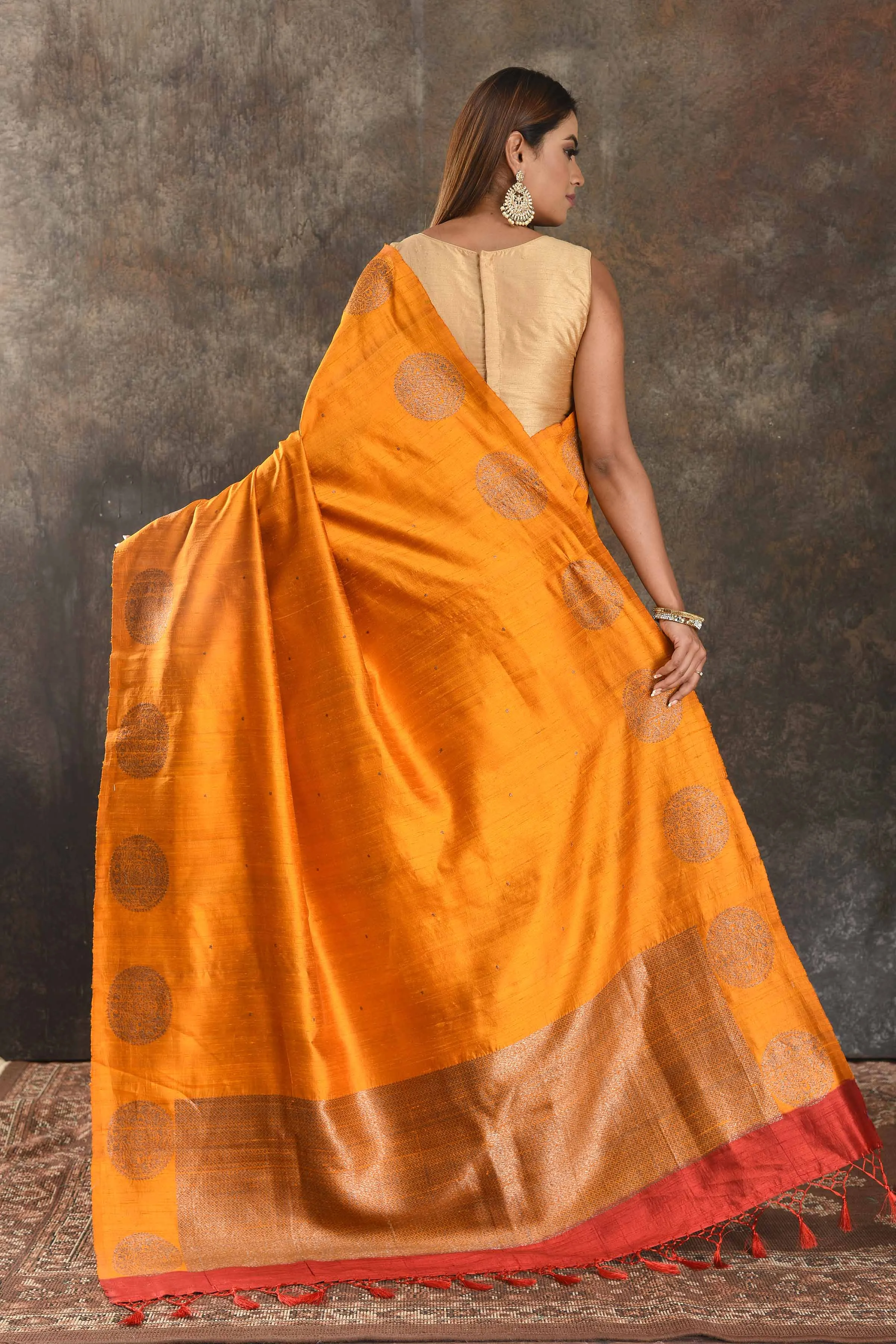 90N401-RO Mango Yellow Tussar Banarasi Sari with Antique Zari Buta