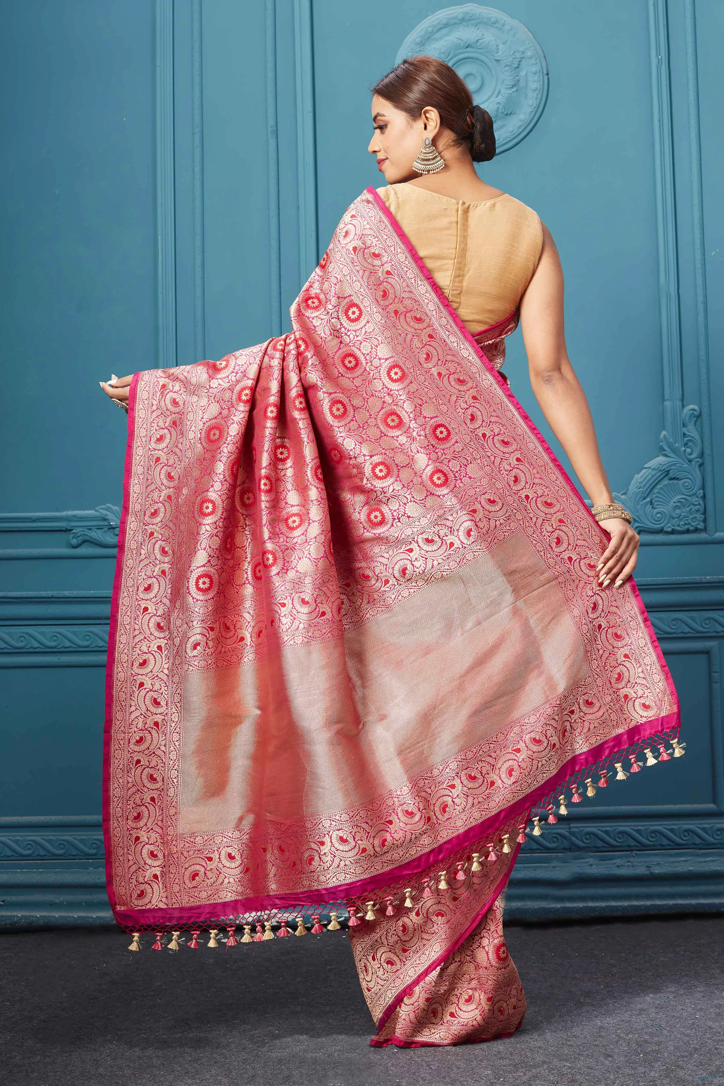 91A125 Dark Pink Katan Silk Saree with Zari Minakari Jaal