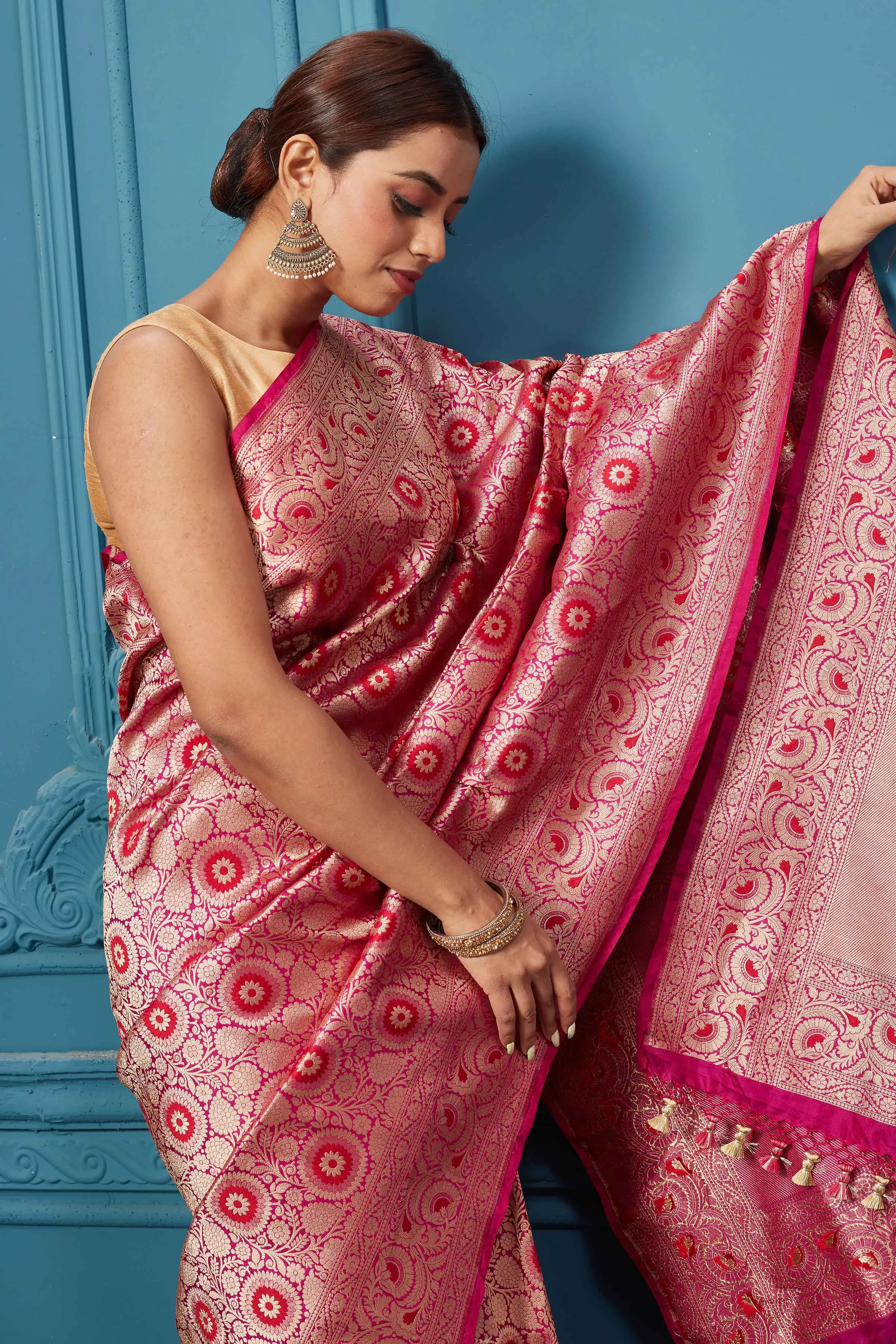 91A125 Dark Pink Katan Silk Saree with Zari Minakari Jaal