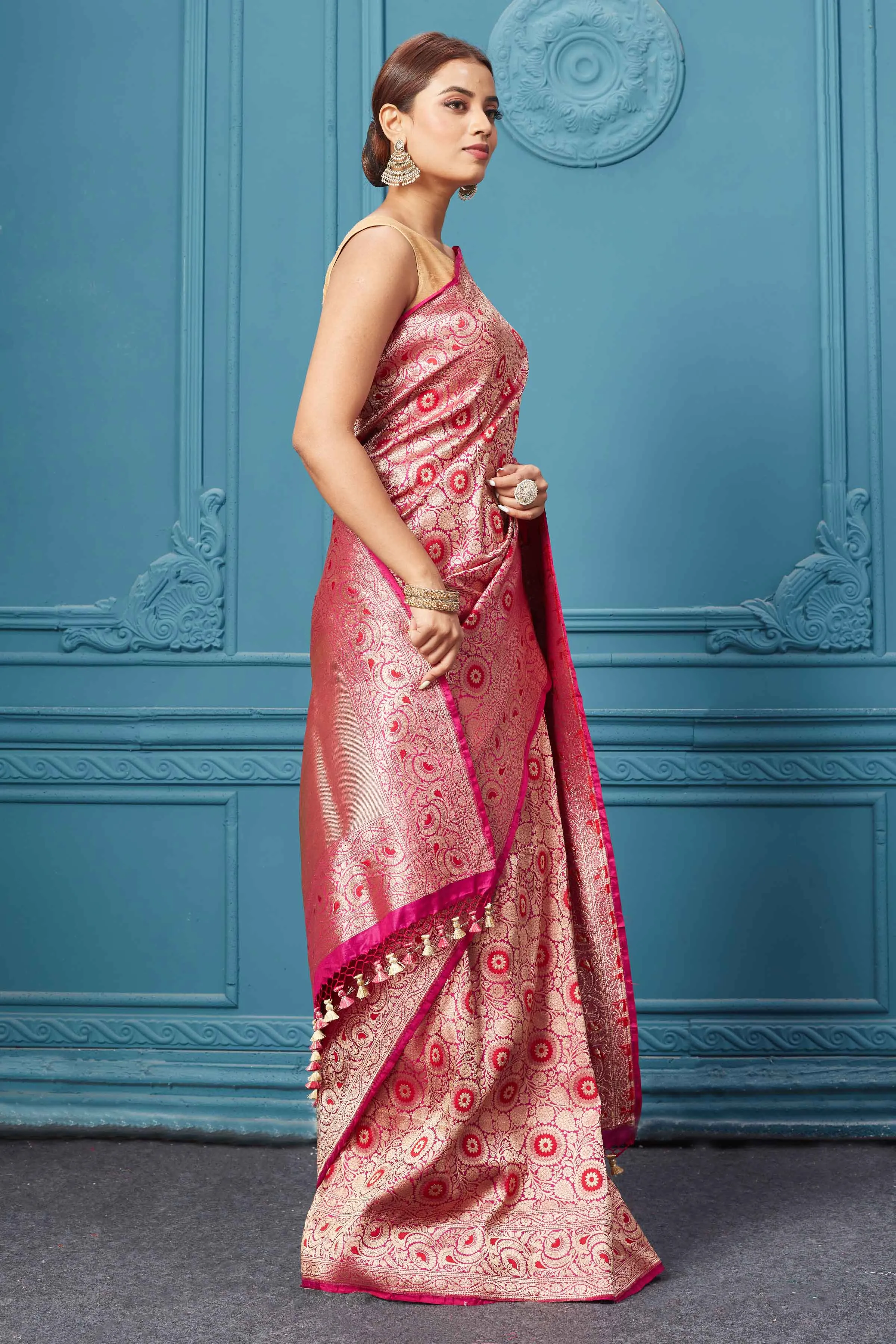 91A125 Dark Pink Katan Silk Saree with Zari Minakari Jaal