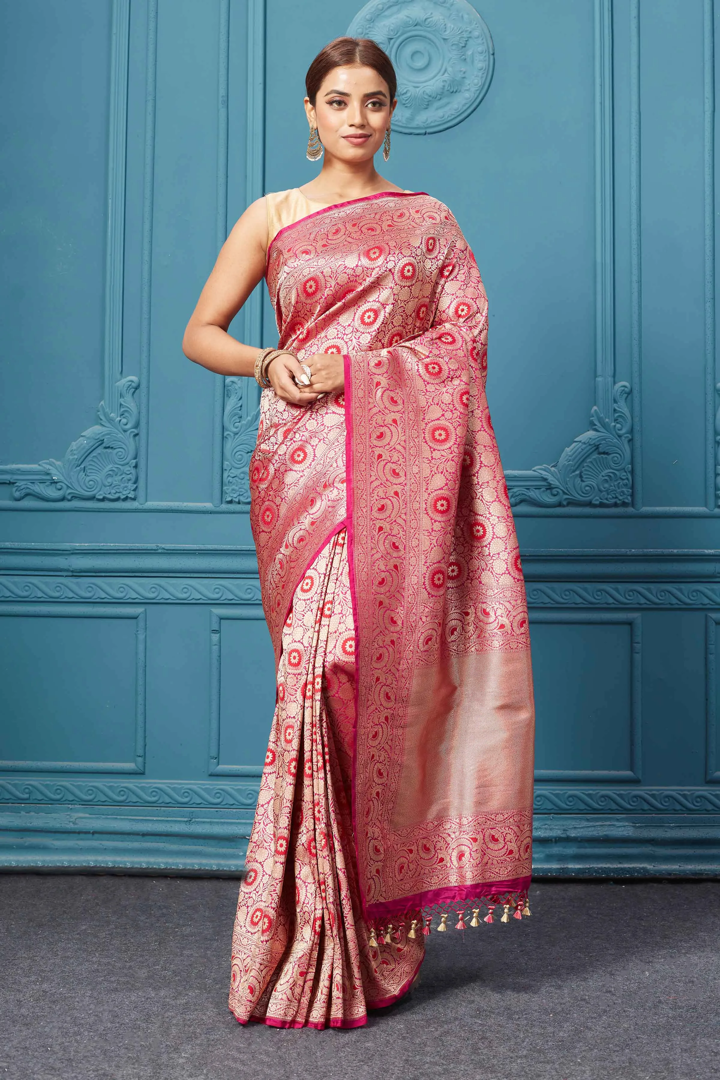 91A125 Dark Pink Katan Silk Saree with Zari Minakari Jaal