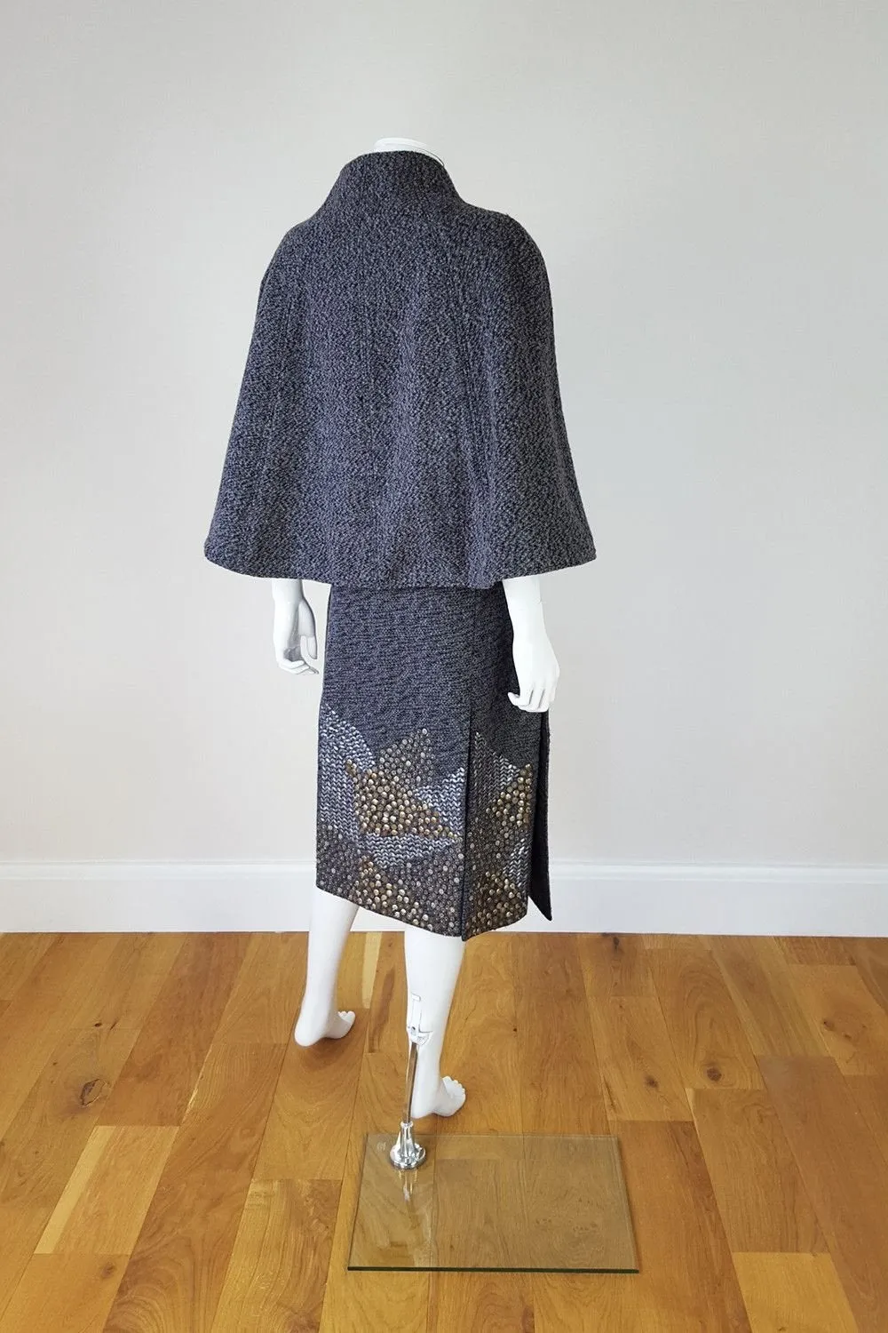 BEHNAZ SARAFPOUR Vintage Grey Wool Cape and Skirt Set (UK 10)