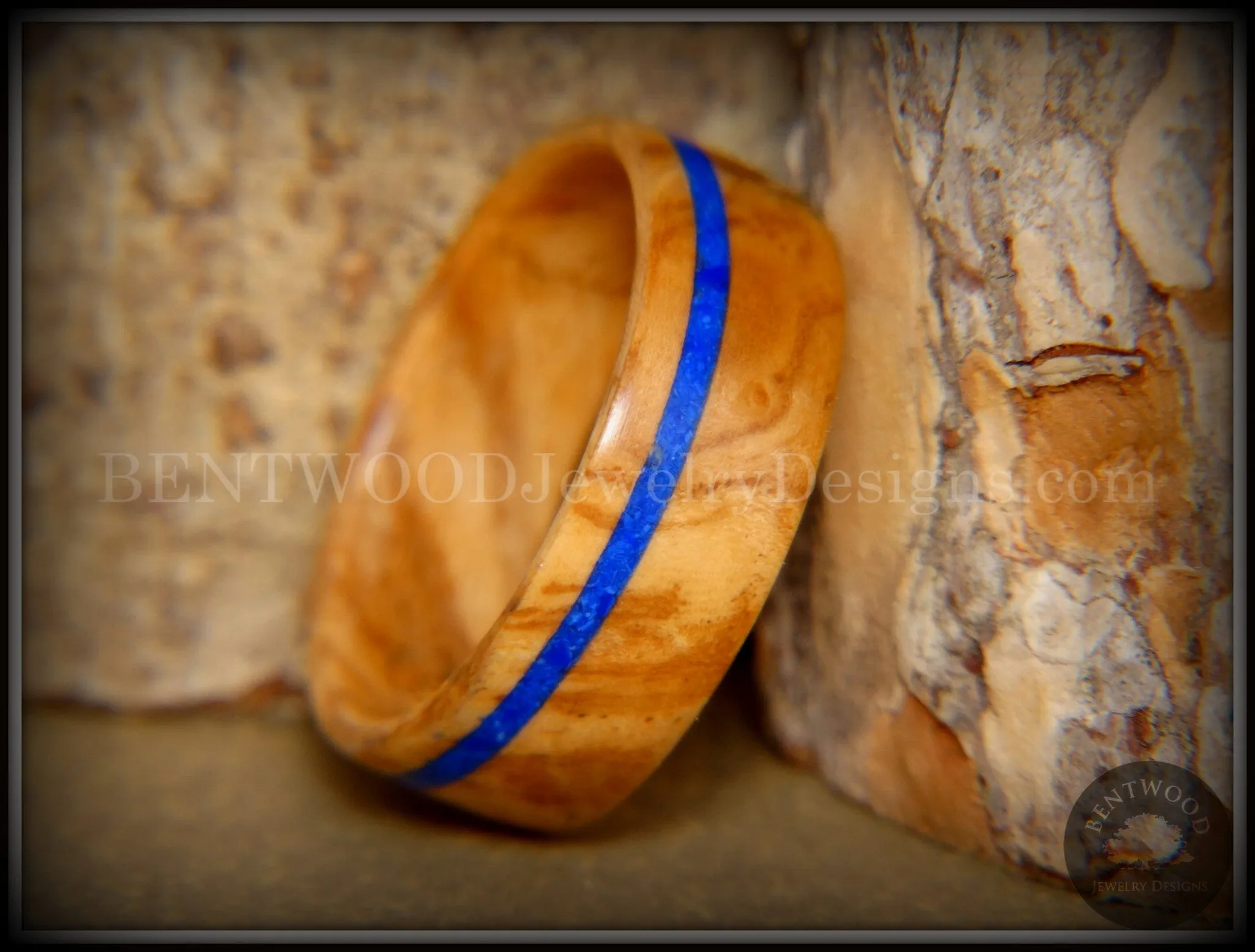 Bentwood Ring - Bethlehem Olive Wood Ring with Offset Blue Lapis Inlay