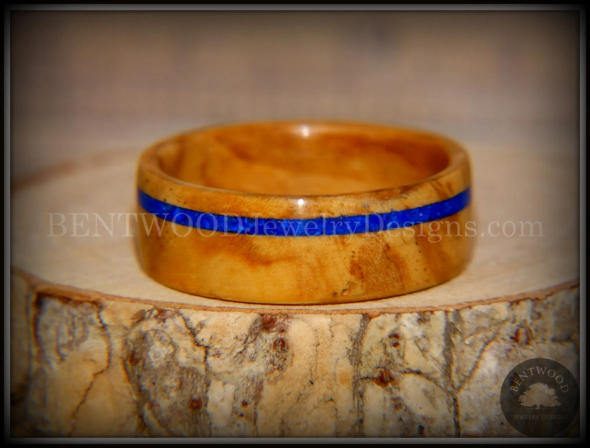 Bentwood Ring - Bethlehem Olive Wood Ring with Offset Blue Lapis Inlay