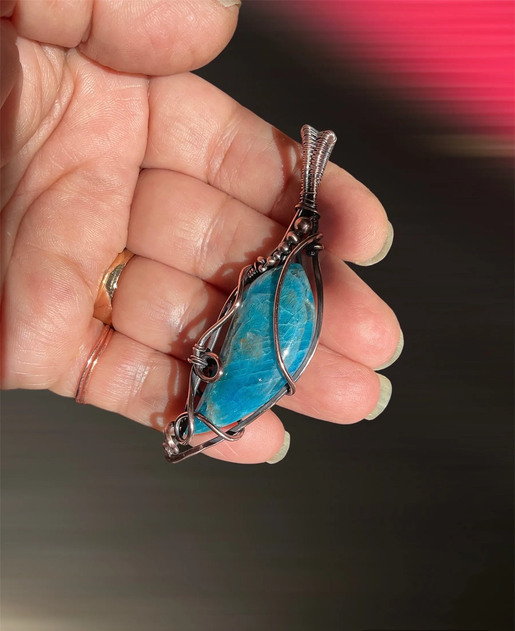 Blue Apatite Wire Wrapped Pendant