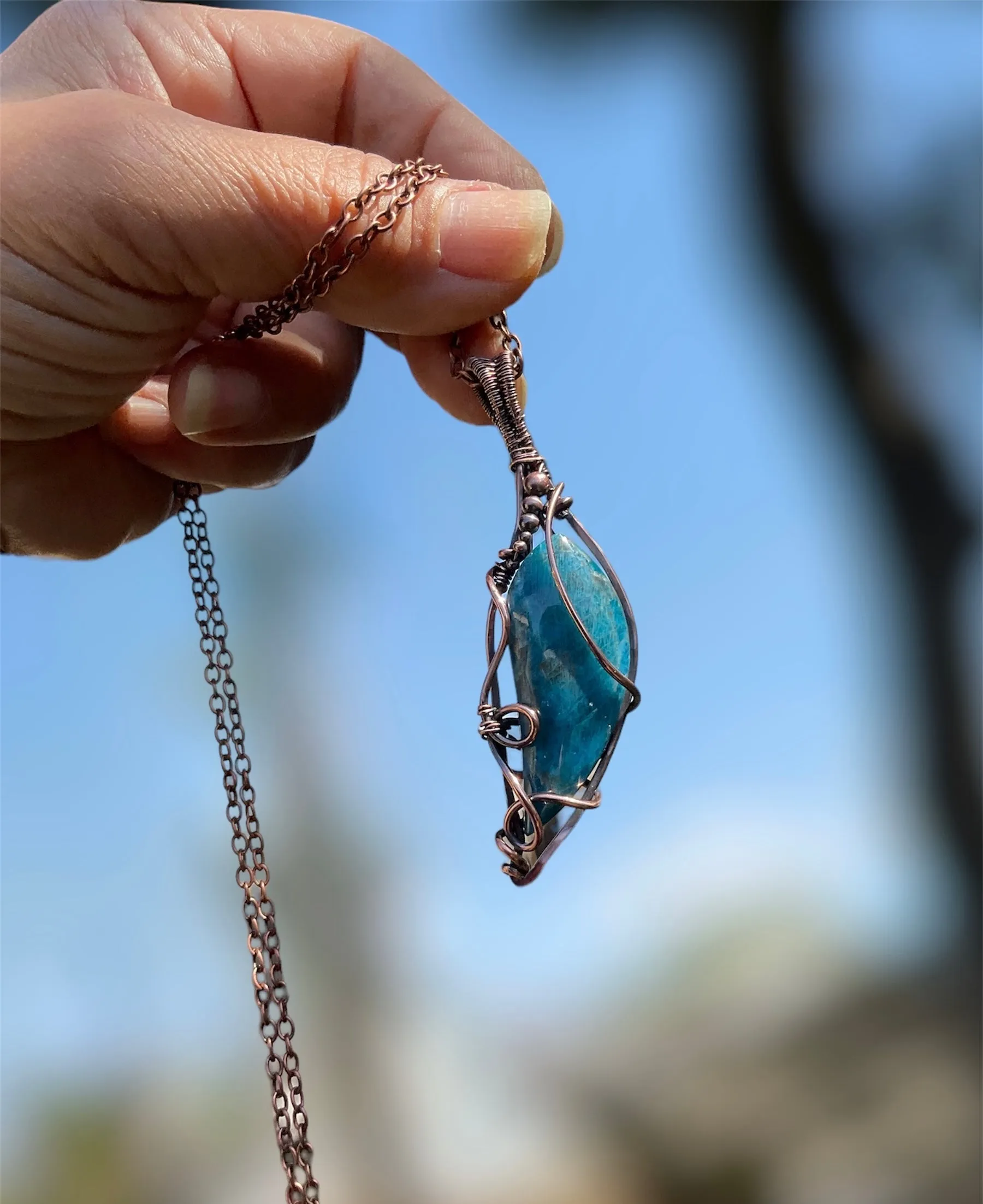 Blue Apatite Wire Wrapped Pendant