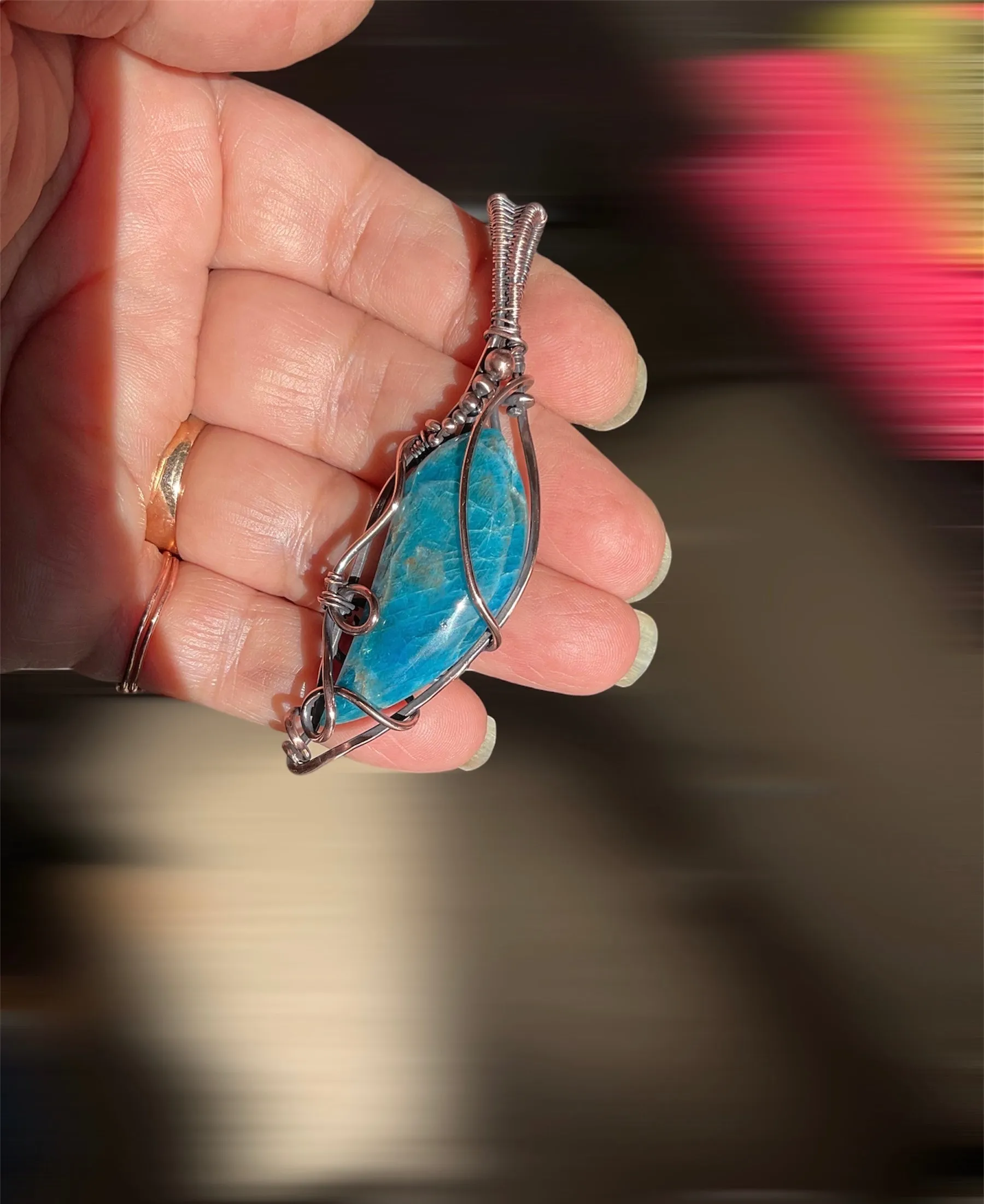 Blue Apatite Wire Wrapped Pendant