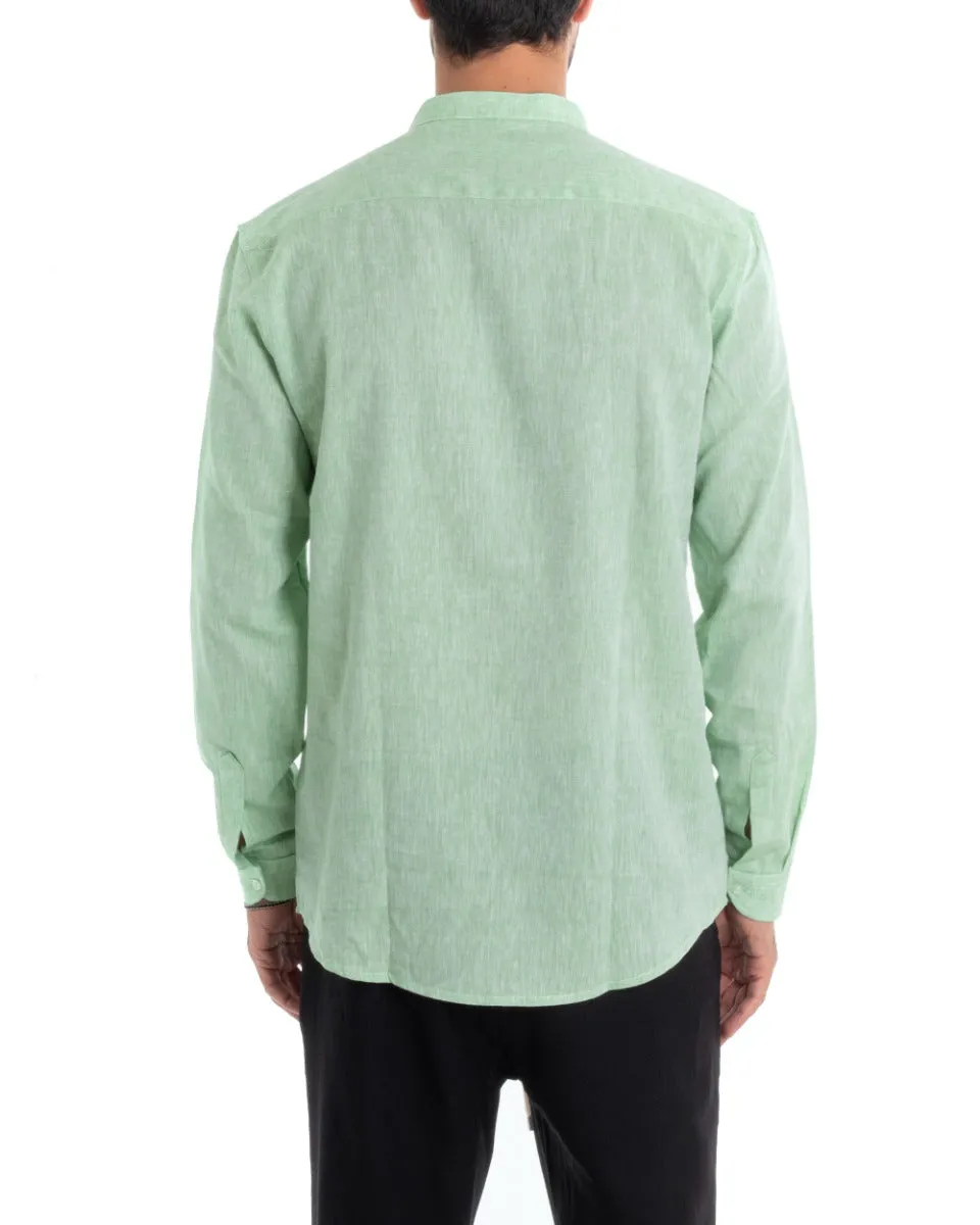 Camicia Uomo Collo Coreano Manica Lunga Regular Fit Lino Melangiata Sartoriale Verde GIOSAL-C2384A