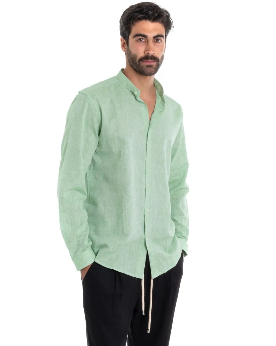 Camicia Uomo Collo Coreano Manica Lunga Regular Fit Lino Melangiata Sartoriale Verde GIOSAL-C2384A