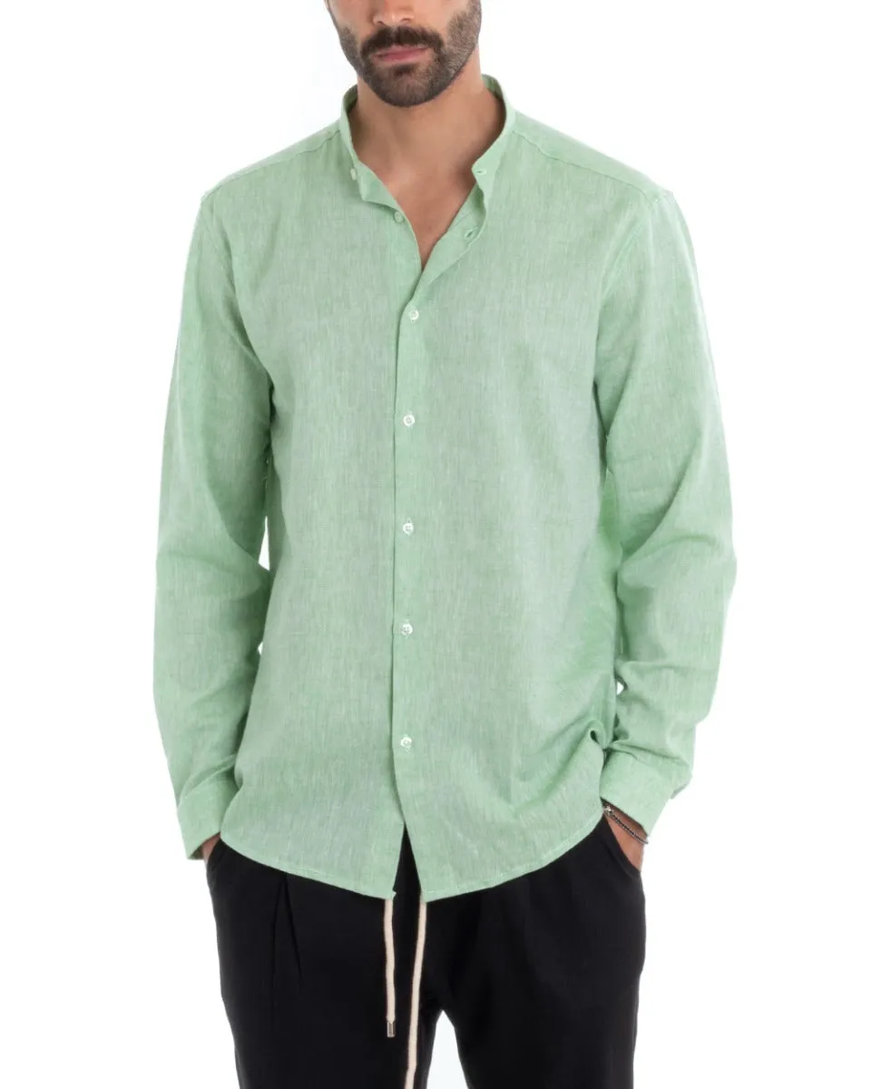 Camicia Uomo Collo Coreano Manica Lunga Regular Fit Lino Melangiata Sartoriale Verde GIOSAL-C2384A