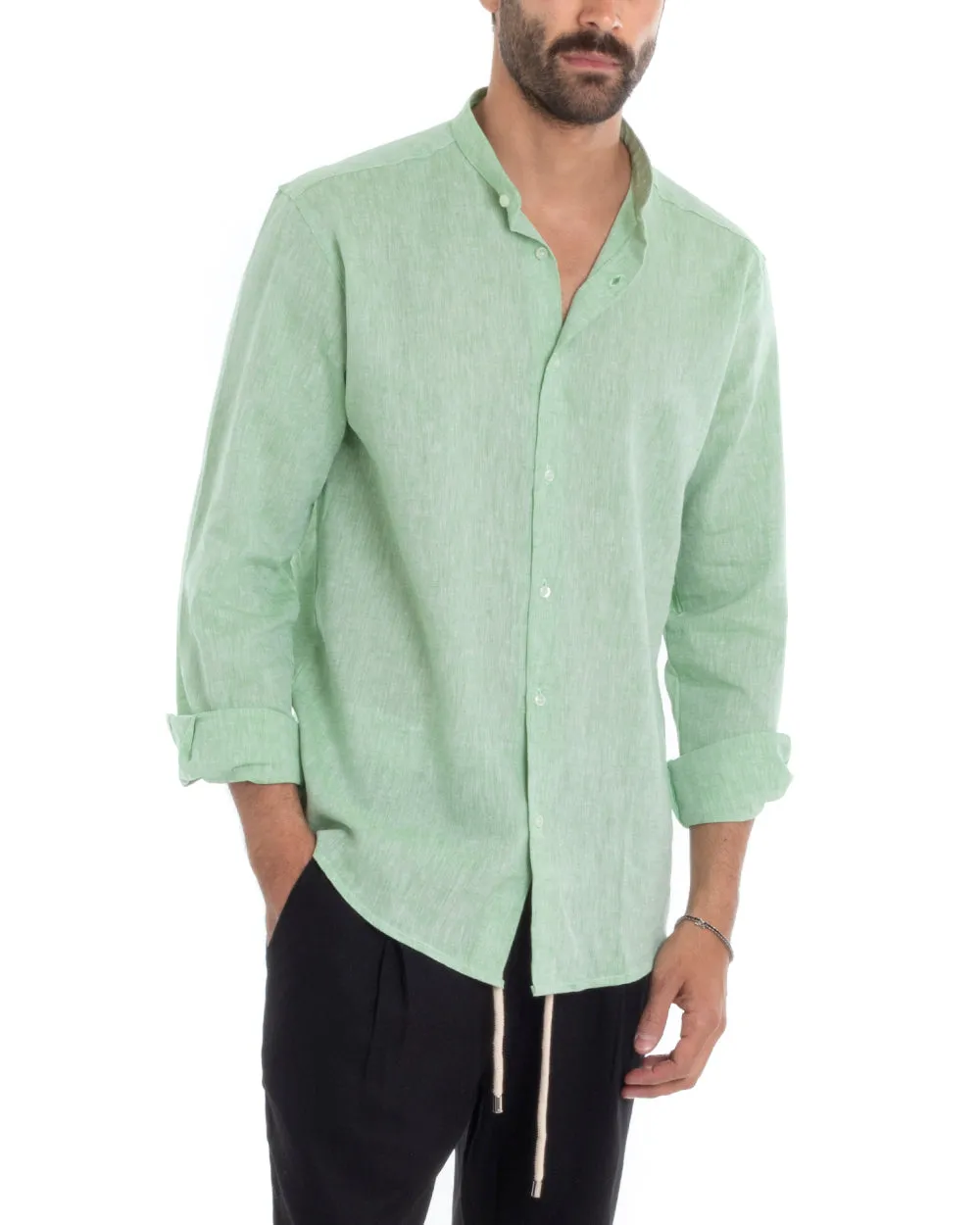 Camicia Uomo Collo Coreano Manica Lunga Regular Fit Lino Melangiata Sartoriale Verde GIOSAL-C2384A