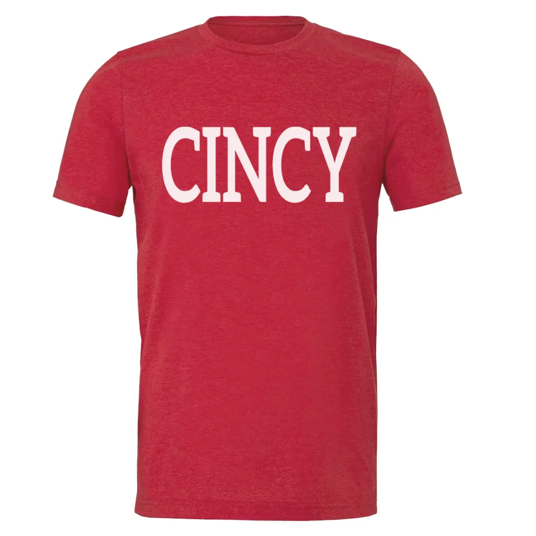 Cincy White Block T-Shirt on Heathered Red