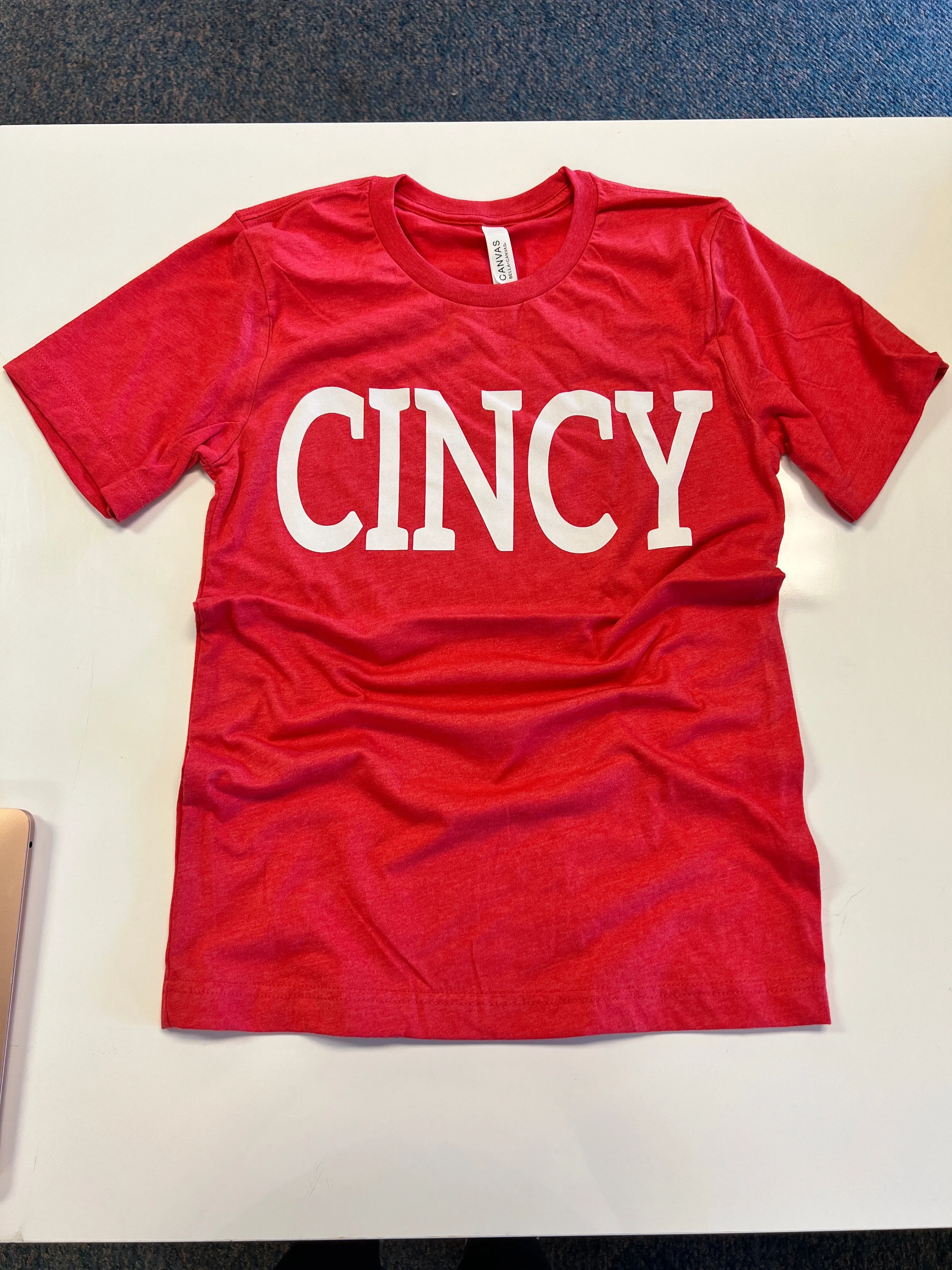 Cincy White Block T-Shirt on Heathered Red