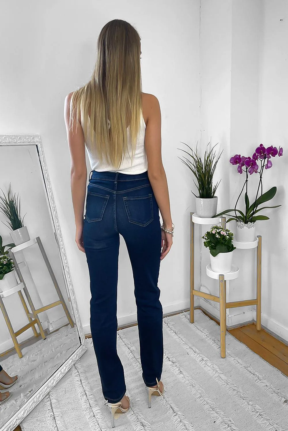 Dark Blue Yellow Stitch Straight Leg Jeans