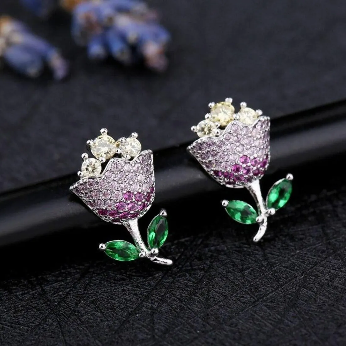 Delicate Multicolor CZ Paved Tulip Flower Stud Earrings