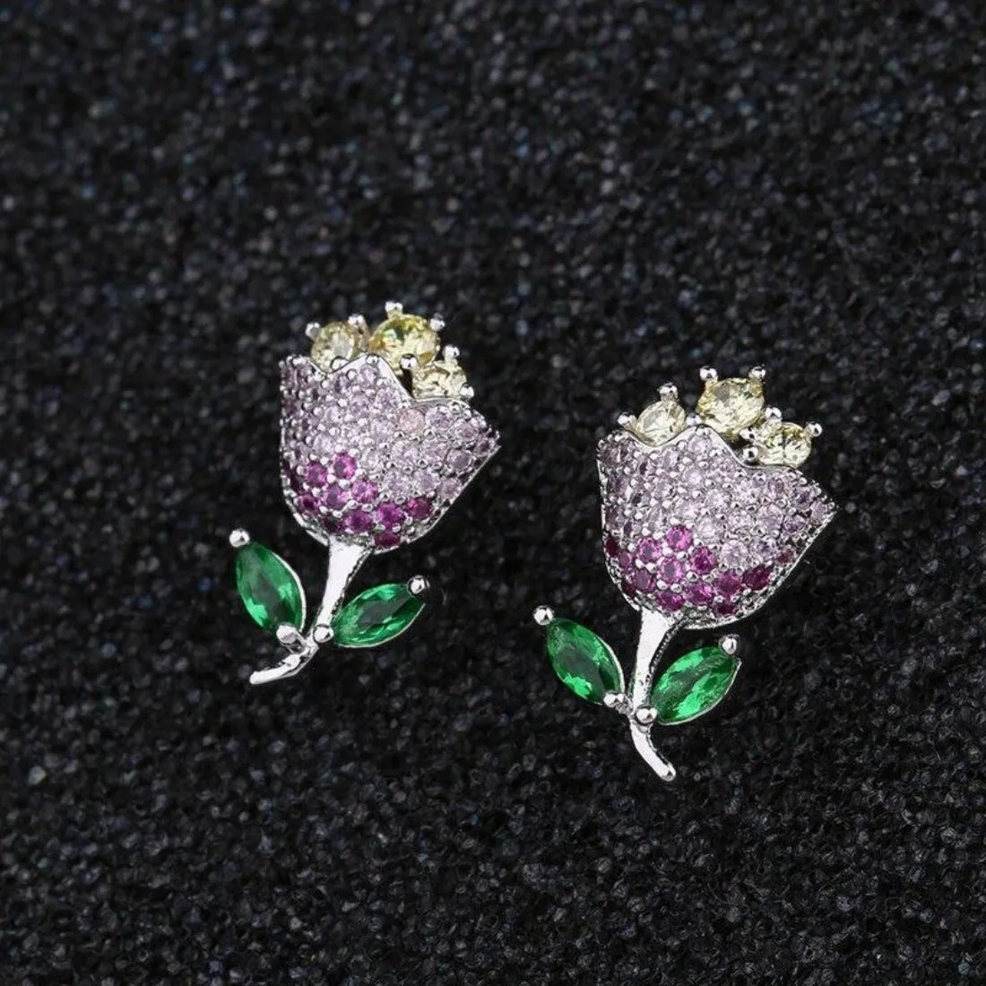 Delicate Multicolor CZ Paved Tulip Flower Stud Earrings