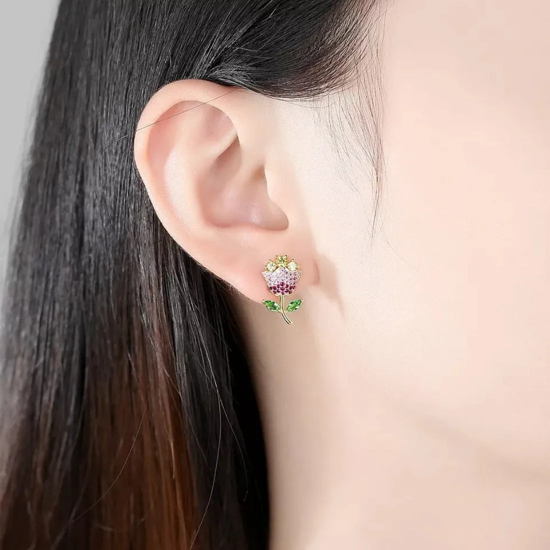 Delicate Multicolor CZ Paved Tulip Flower Stud Earrings