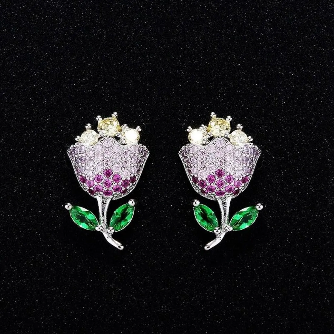 Delicate Multicolor CZ Paved Tulip Flower Stud Earrings