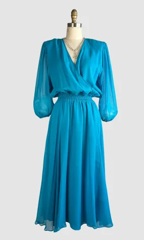 DIANE FREIS 80s Turquoise Silk Chiffon Dress  Small Medium