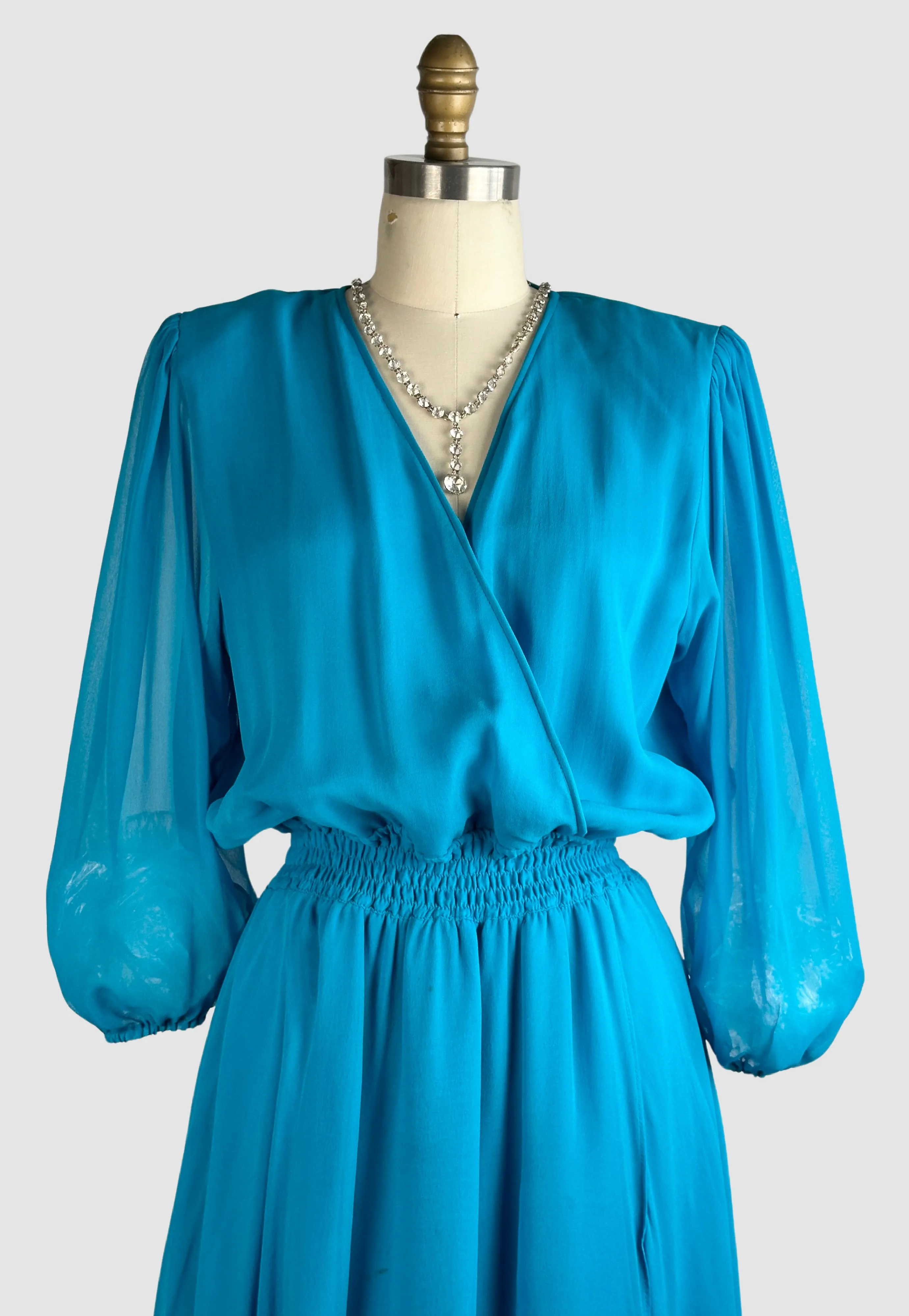 DIANE FREIS 80s Turquoise Silk Chiffon Dress  Small Medium