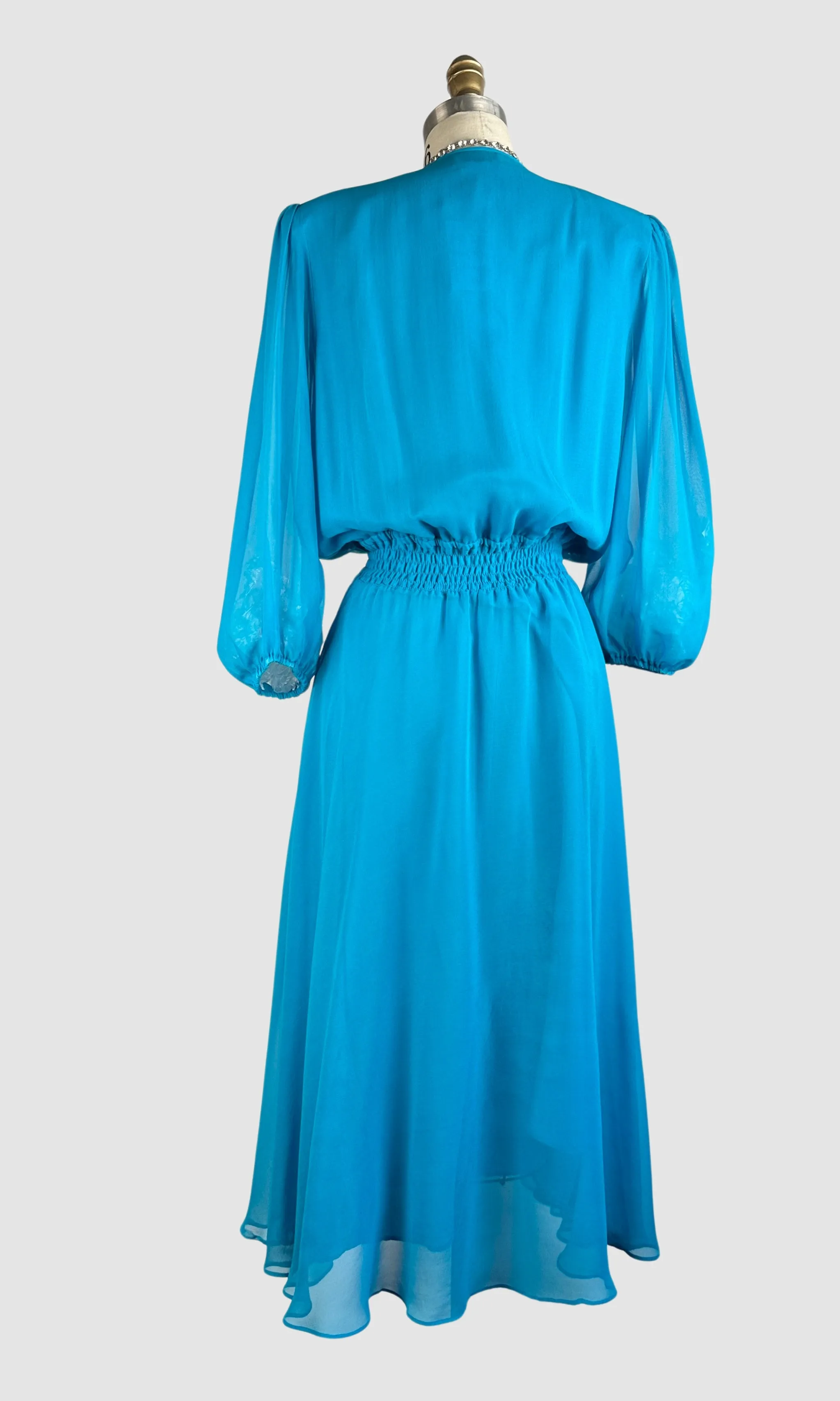 DIANE FREIS 80s Turquoise Silk Chiffon Dress  Small Medium