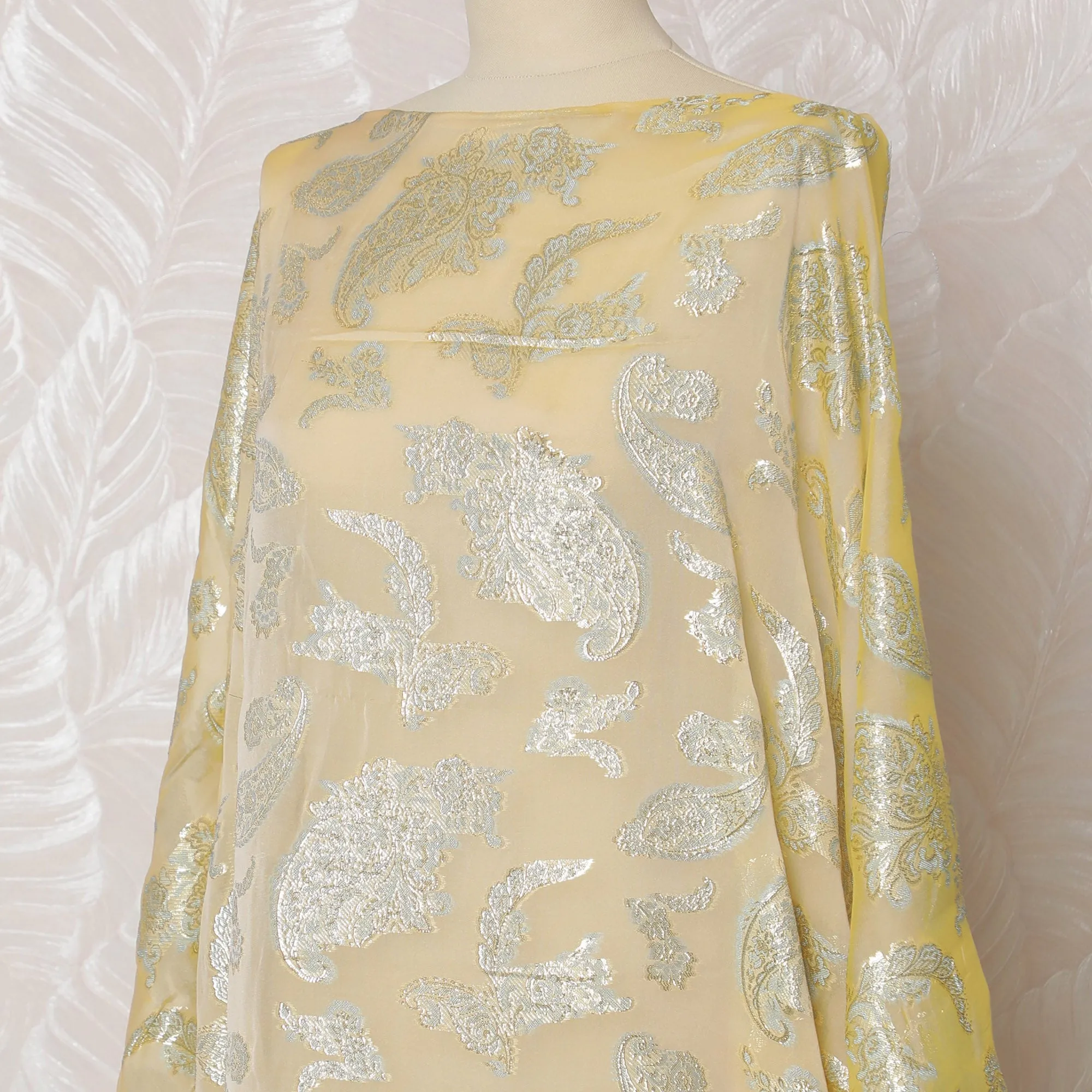 Elegant Lemon Yellow Paisley French Silk Chiffon Fabric with Metallic Lurex, 140 cm Width-D19697