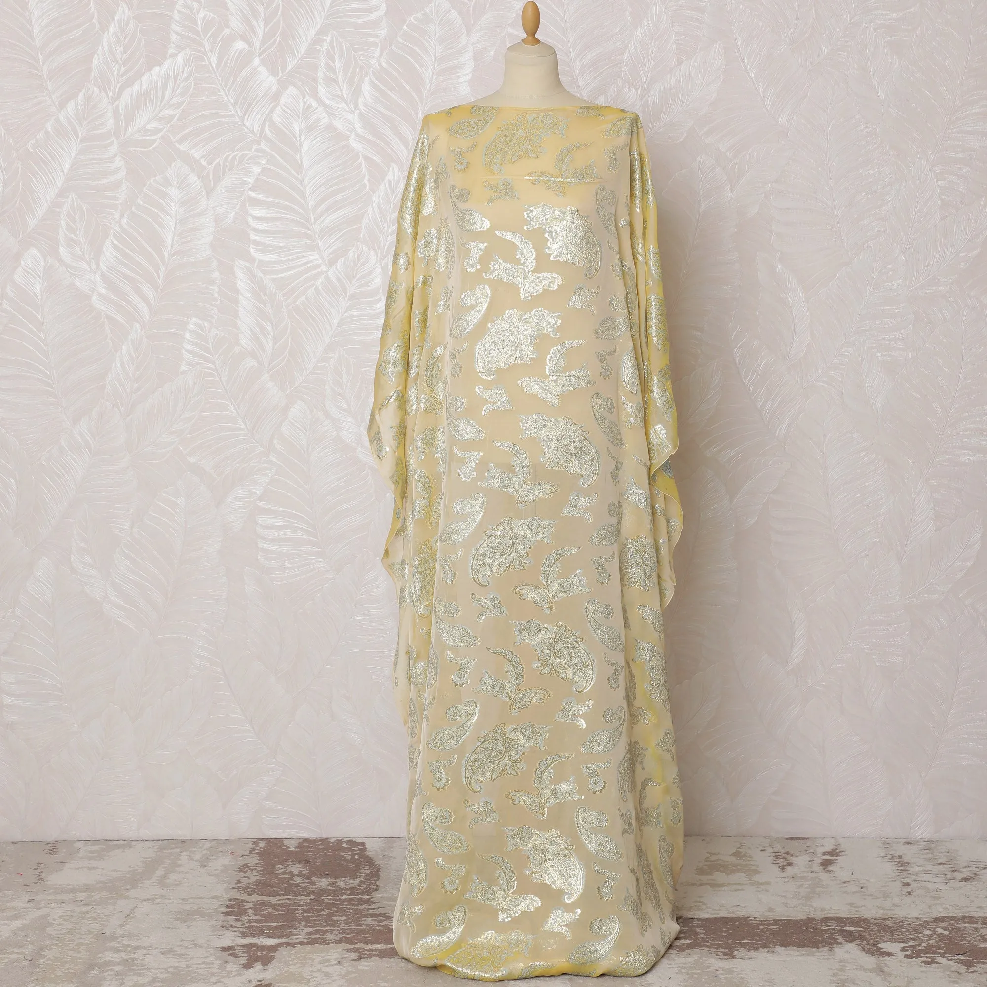 Elegant Lemon Yellow Paisley French Silk Chiffon Fabric with Metallic Lurex, 140 cm Width-D19697