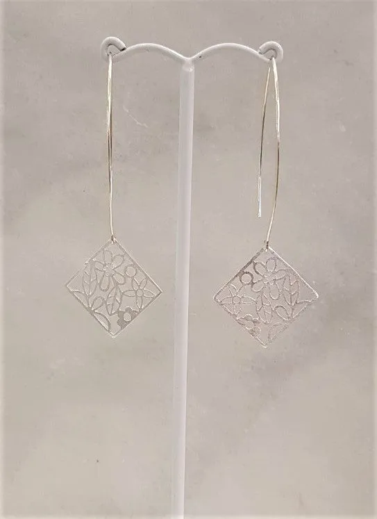 Framed Flower Silver Drop Earrings