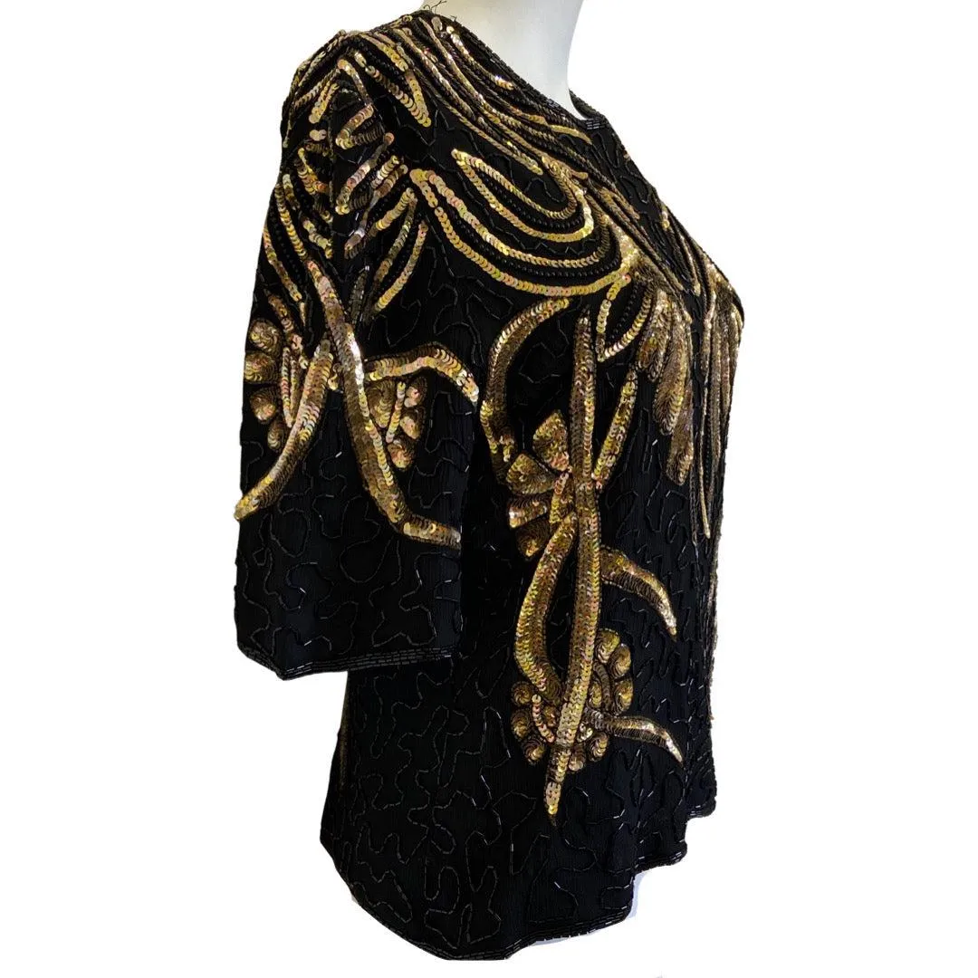 Frank Usher 80s Sequin & Glass Bead Vintage Silk Top Black & Gold Size: Small