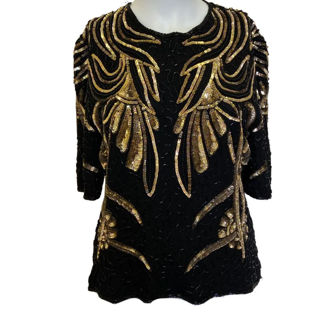 Frank Usher 80s Sequin & Glass Bead Vintage Silk Top Black & Gold Size: Small