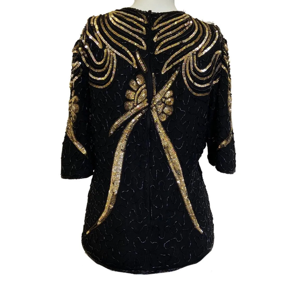 Frank Usher 80s Sequin & Glass Bead Vintage Silk Top Black & Gold Size: Small