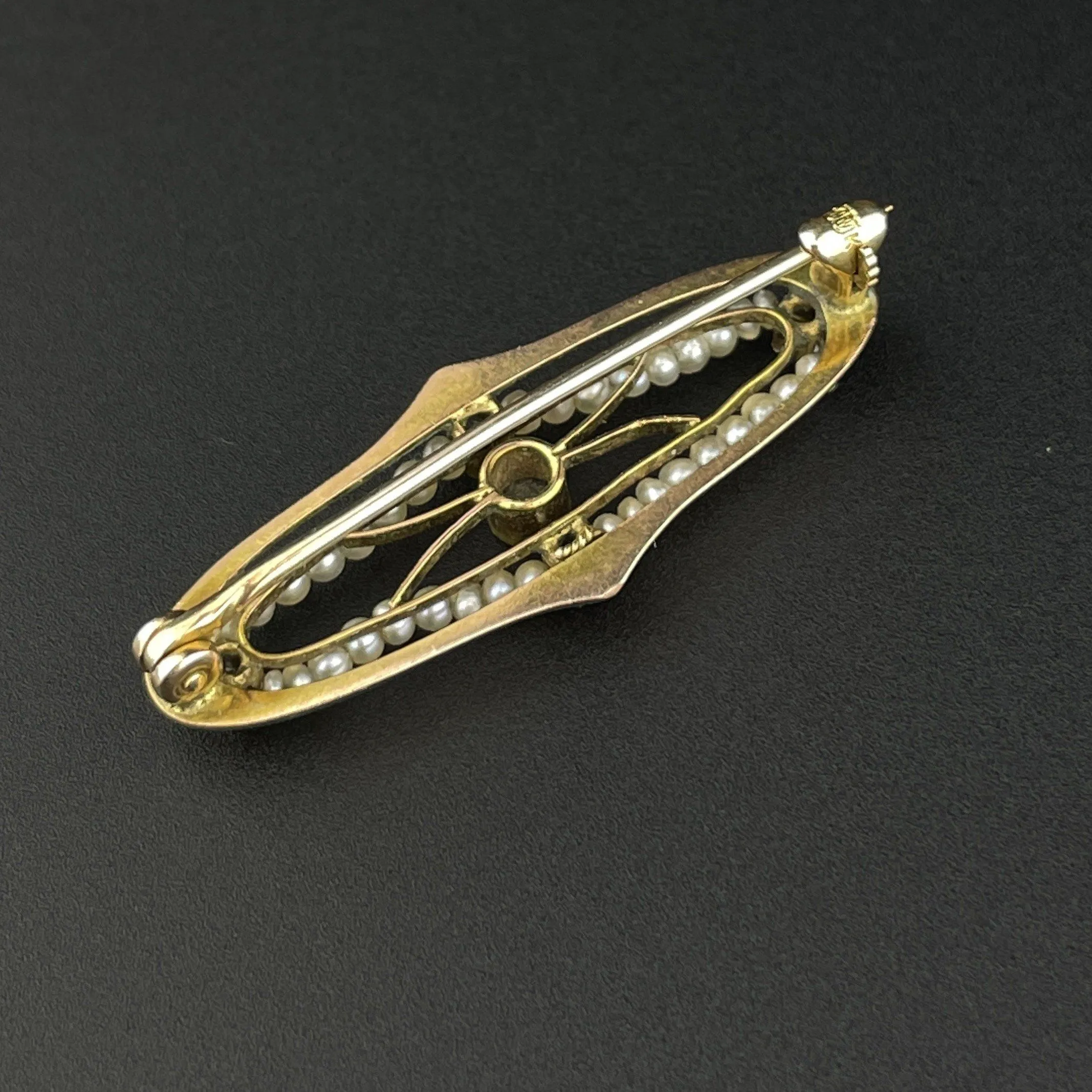 Gold Sapphire Seed Pearl Pin Brooch