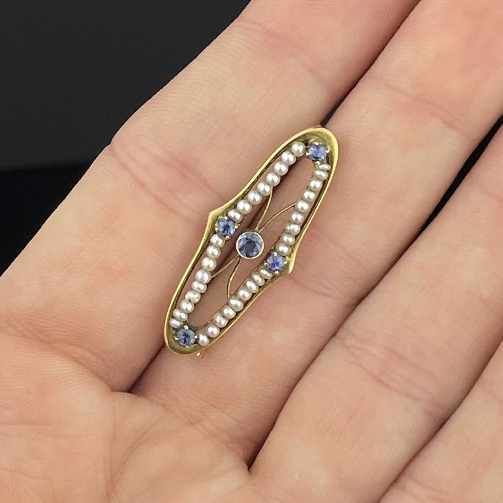 Gold Sapphire Seed Pearl Pin Brooch