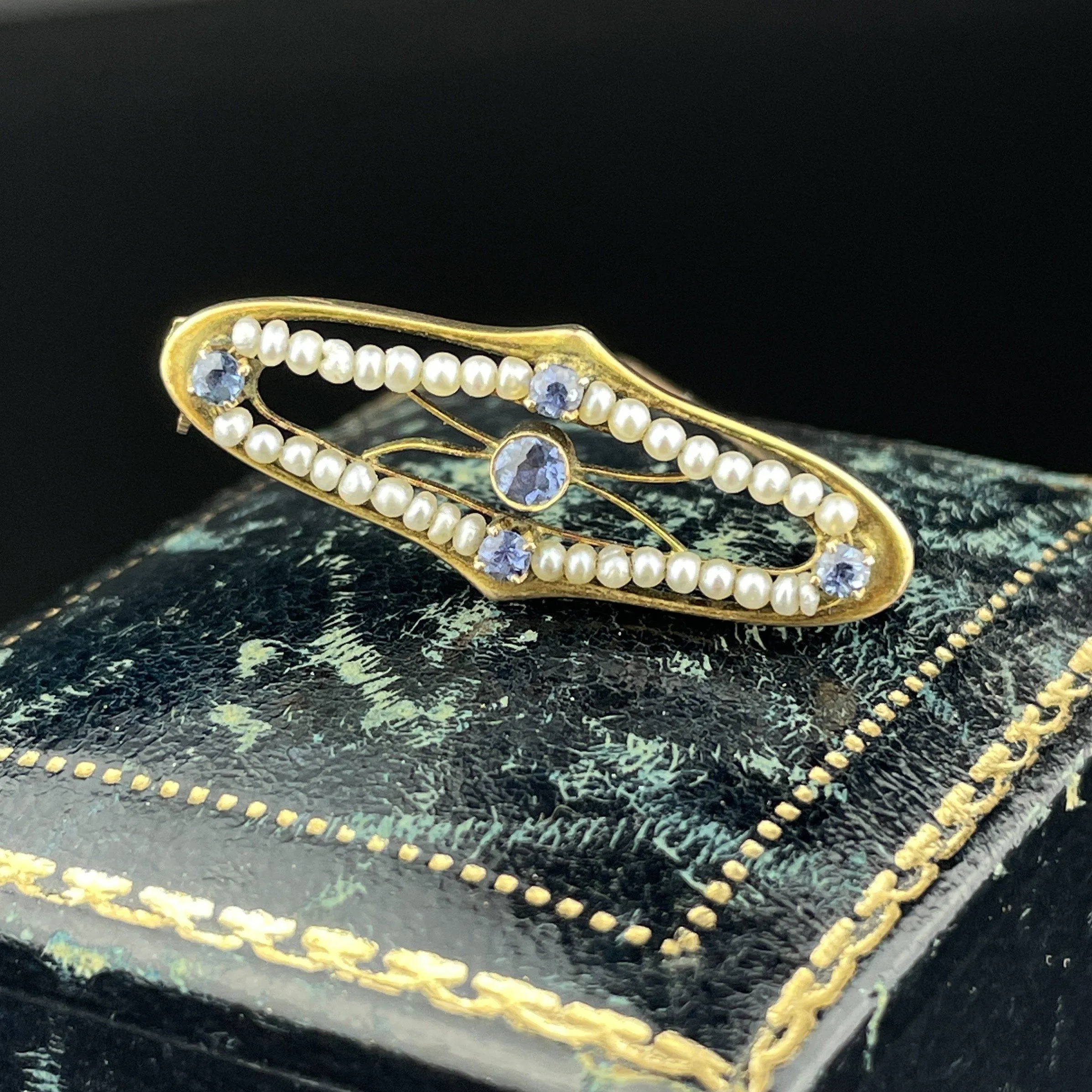 Gold Sapphire Seed Pearl Pin Brooch