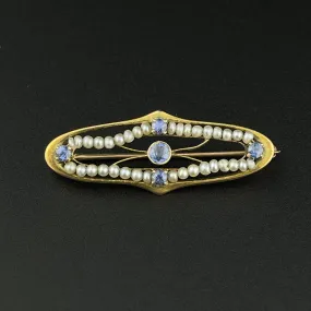 Gold Sapphire Seed Pearl Pin Brooch