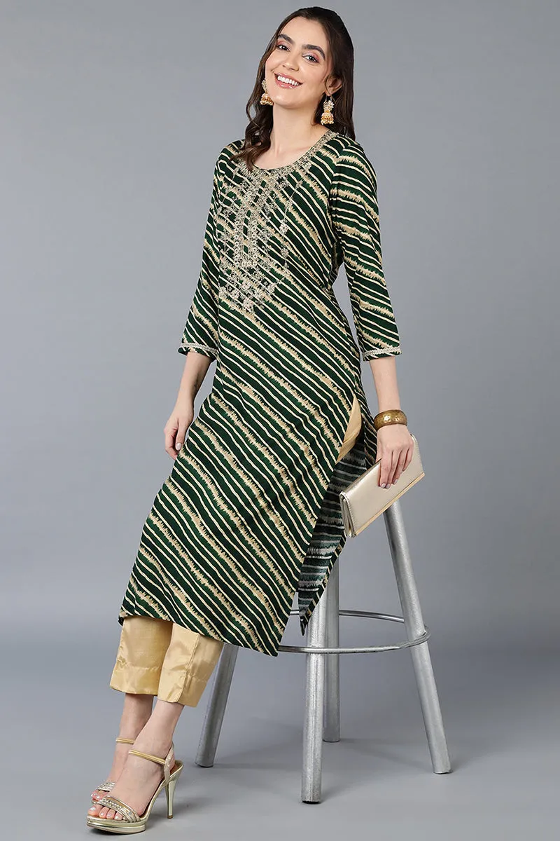 Green Viscose Rayon Leheriya Printed Straight Kurta