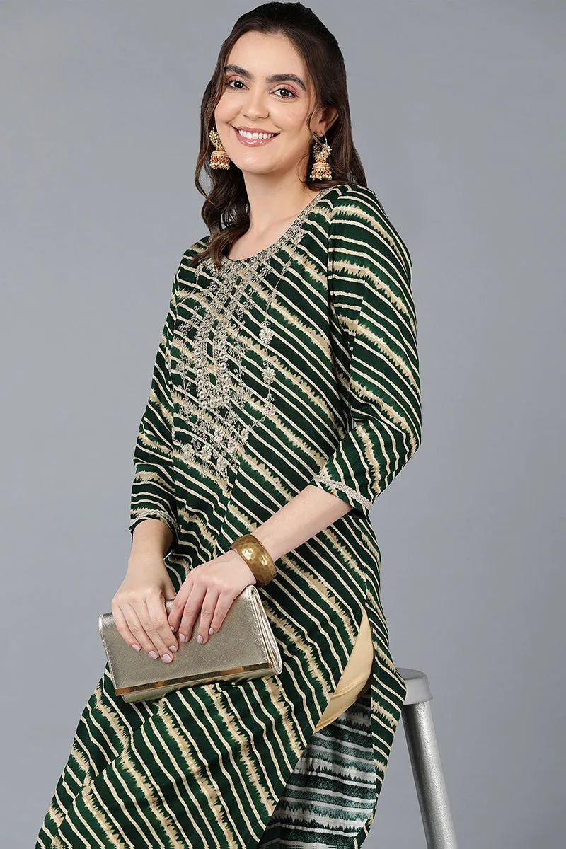 Green Viscose Rayon Leheriya Printed Straight Kurta