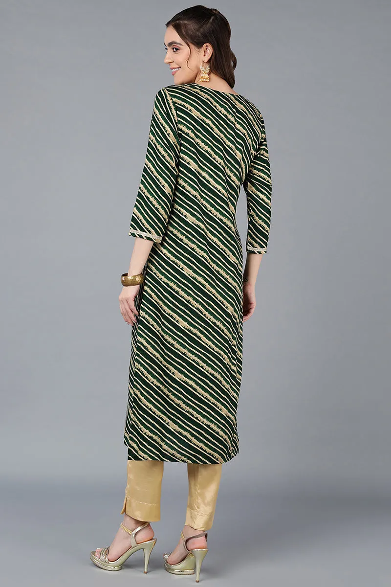 Green Viscose Rayon Leheriya Printed Straight Kurta