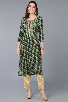 Green Viscose Rayon Leheriya Printed Straight Kurta