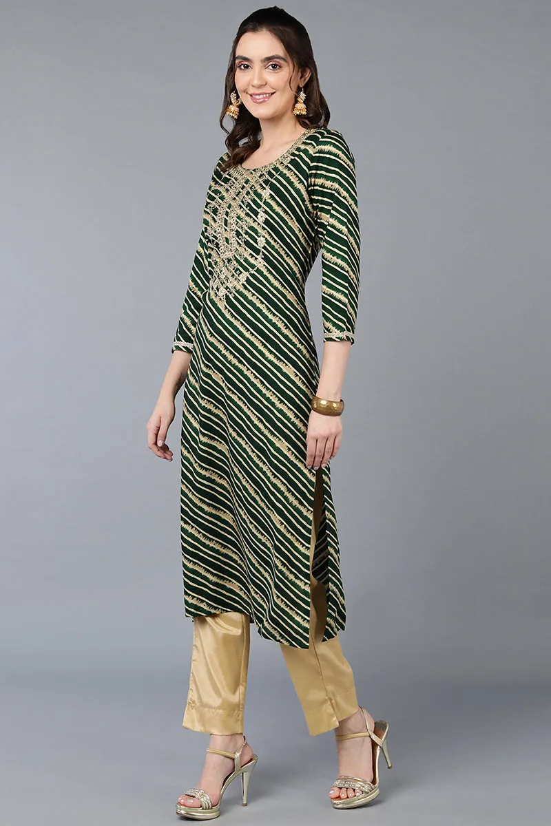 Green Viscose Rayon Leheriya Printed Straight Kurta