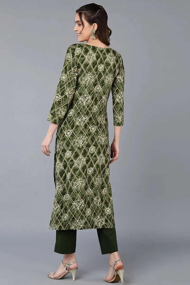 Green Viscose Rayon Printed Straight Kurta