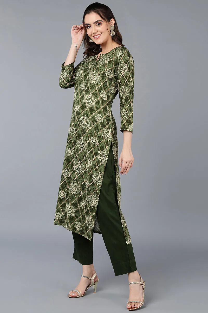 Green Viscose Rayon Printed Straight Kurta