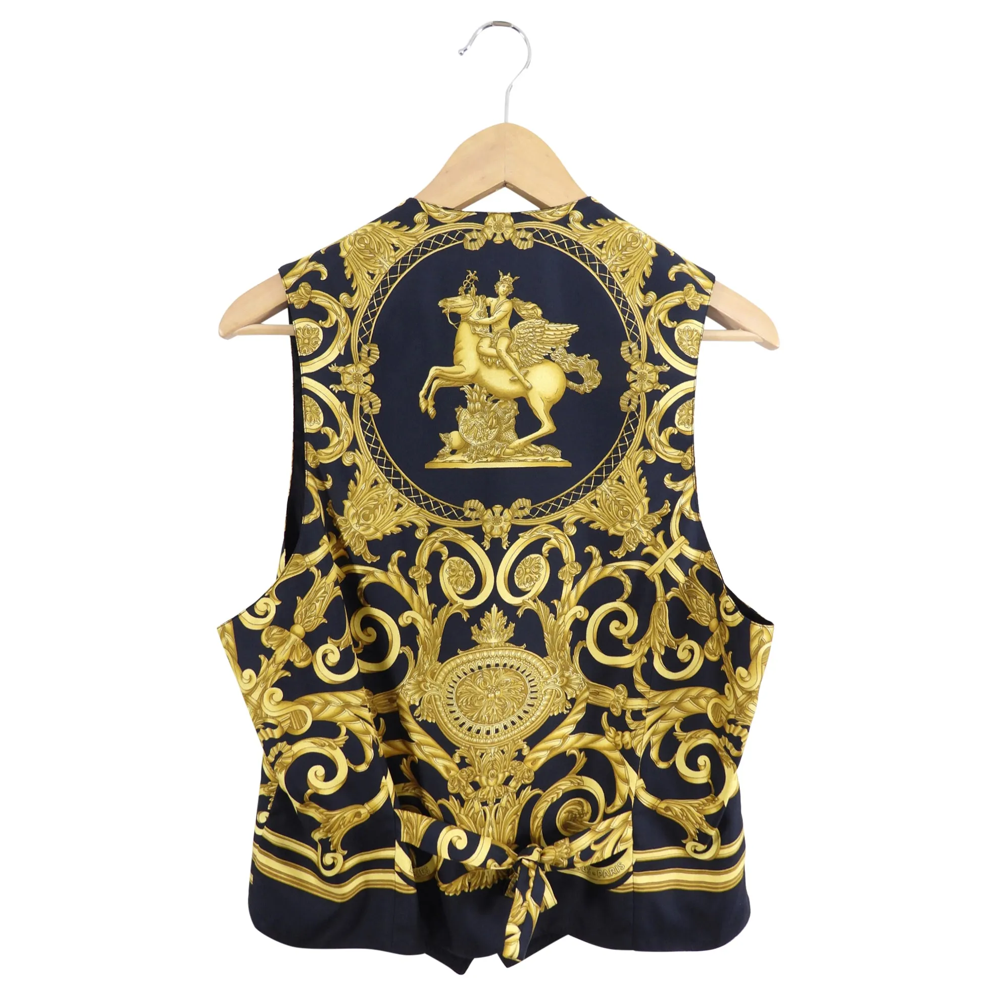 Hermes Black and Gold Vintage Les Tuileries Silk Scarf Print Vest