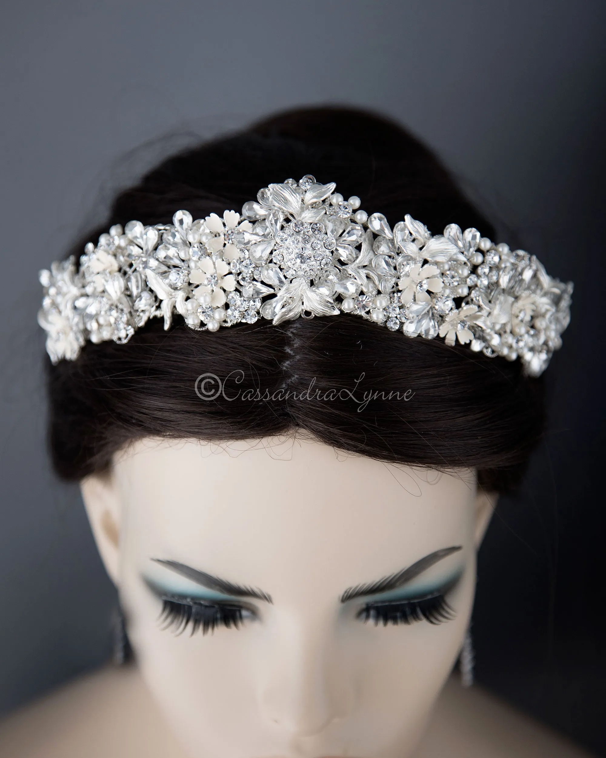 Ivory Flowers and Crystal Stones Tiara